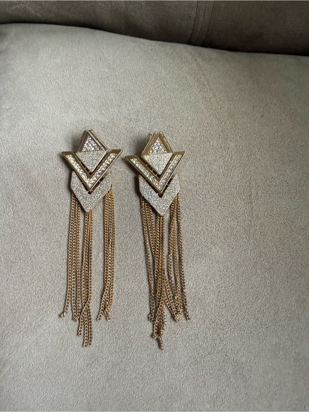 2000s Gold Fringe Drop Earrings with Sparkling Chevron Accents